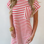 Textured Stripe Knit Tee Dress - Red