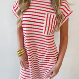 Textured Stripe Knit Tee Dress - Red