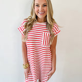 Textured Stripe Knit Tee Dress - Red