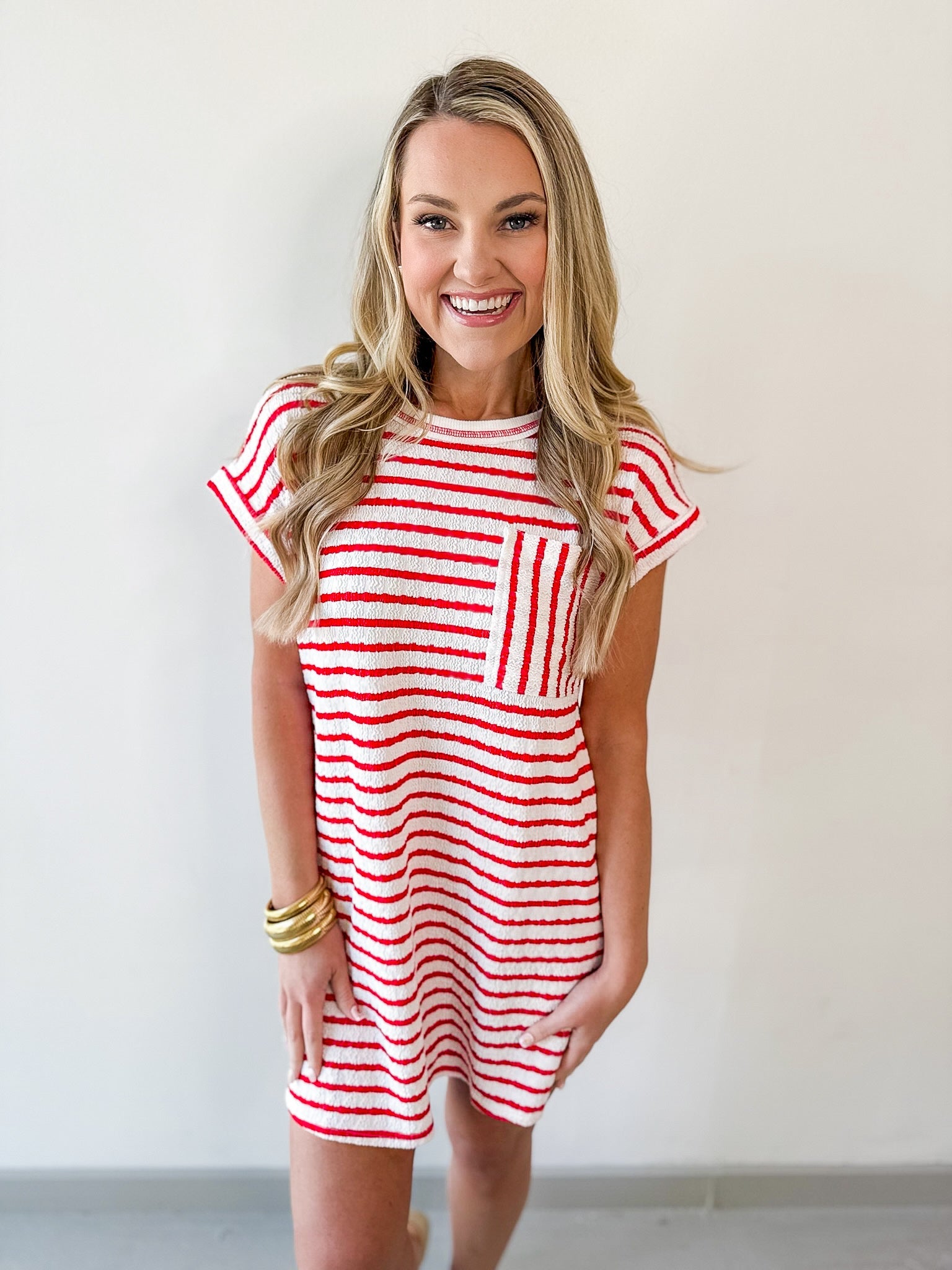 Textured Stripe Knit Tee Dress - Red