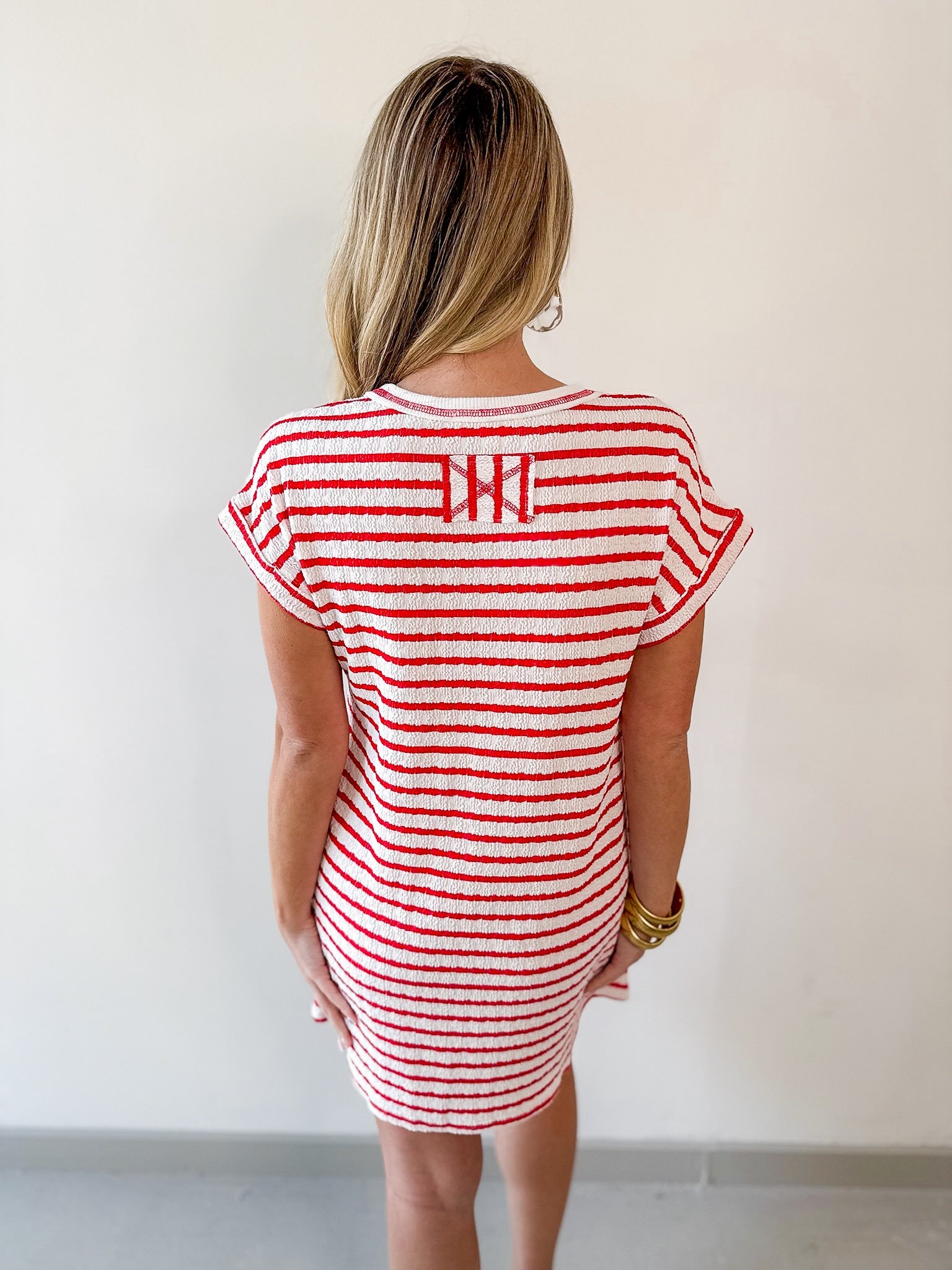 Textured Stripe Knit Tee Dress - Red