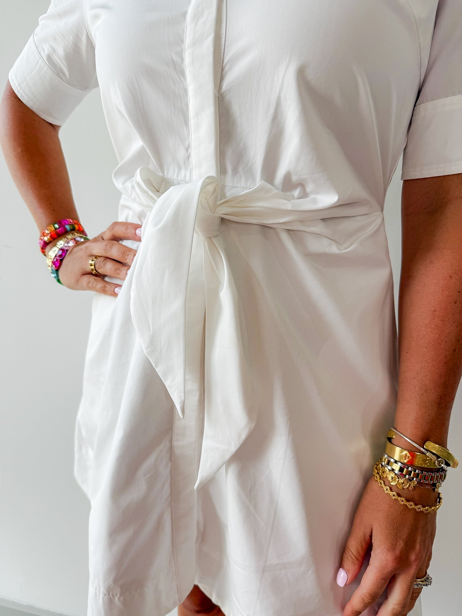 TIE-FRONT BUTTONED DOWN MINI DRESS - OFF White