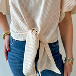 Tie Front Stripe Bubble Sleeve Top