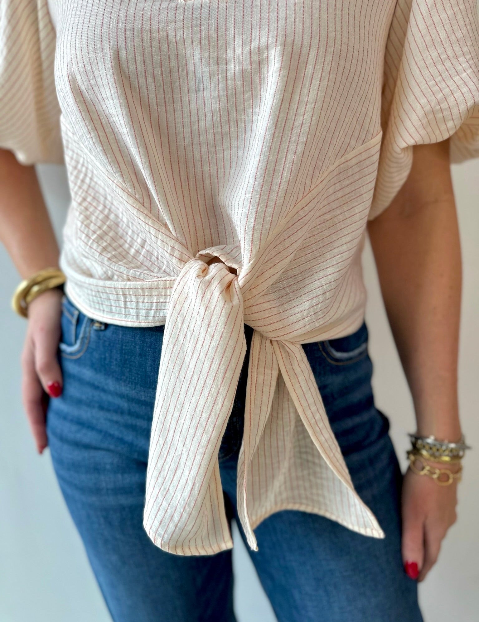 Tie Front Stripe Bubble Sleeve Top