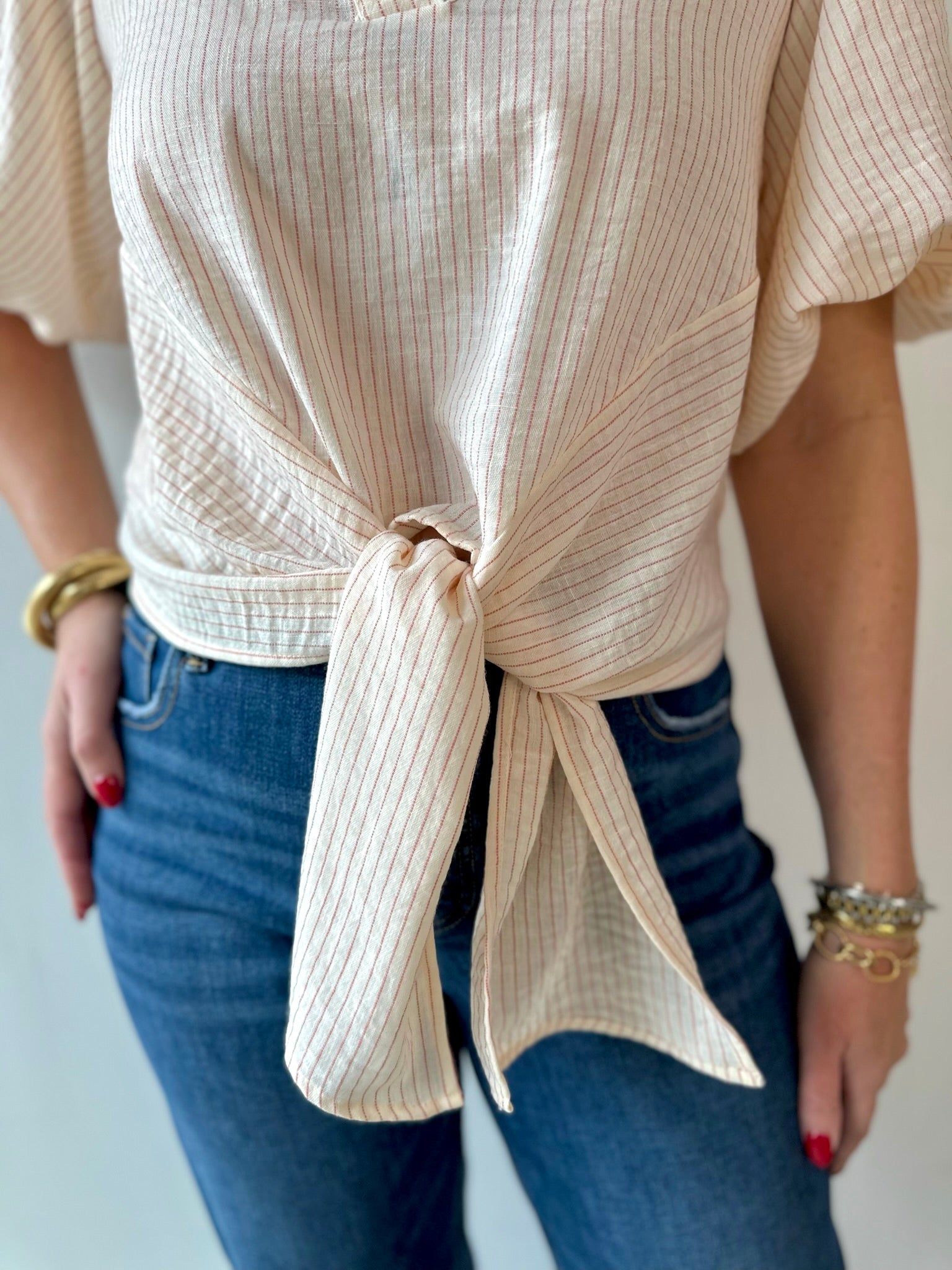 Tie Front Stripe Bubble Sleeve Top