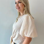 Tie Front Stripe Bubble Sleeve Top