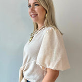 Tie Front Stripe Bubble Sleeve Top