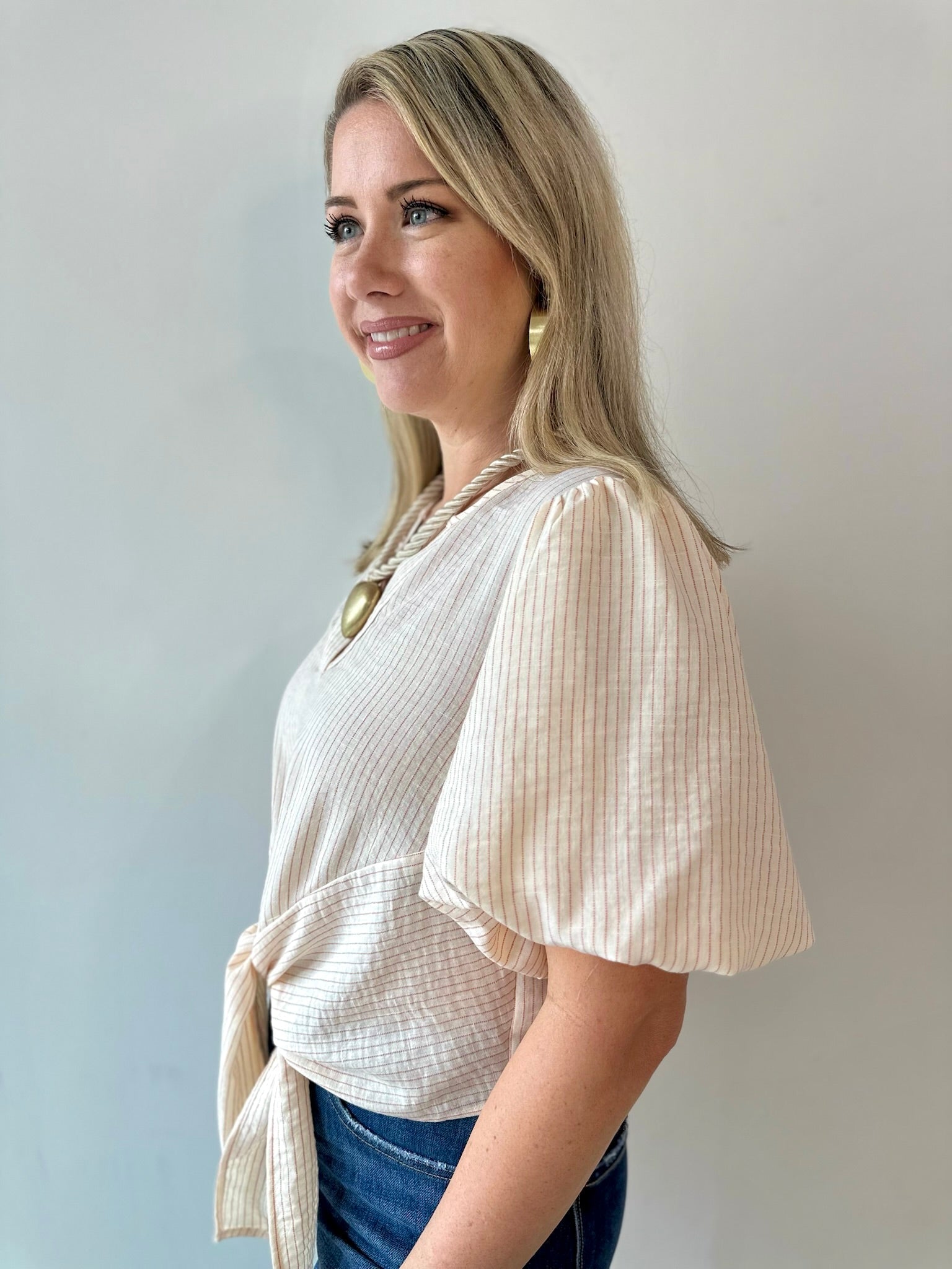 Tie Front Stripe Bubble Sleeve Top