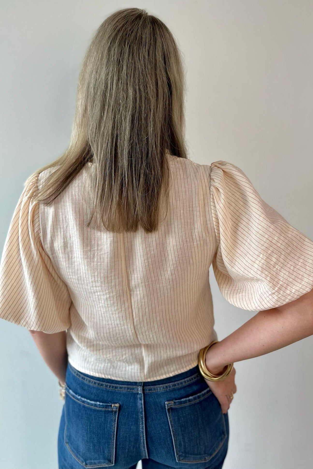 Tie Front Stripe Bubble Sleeve Top