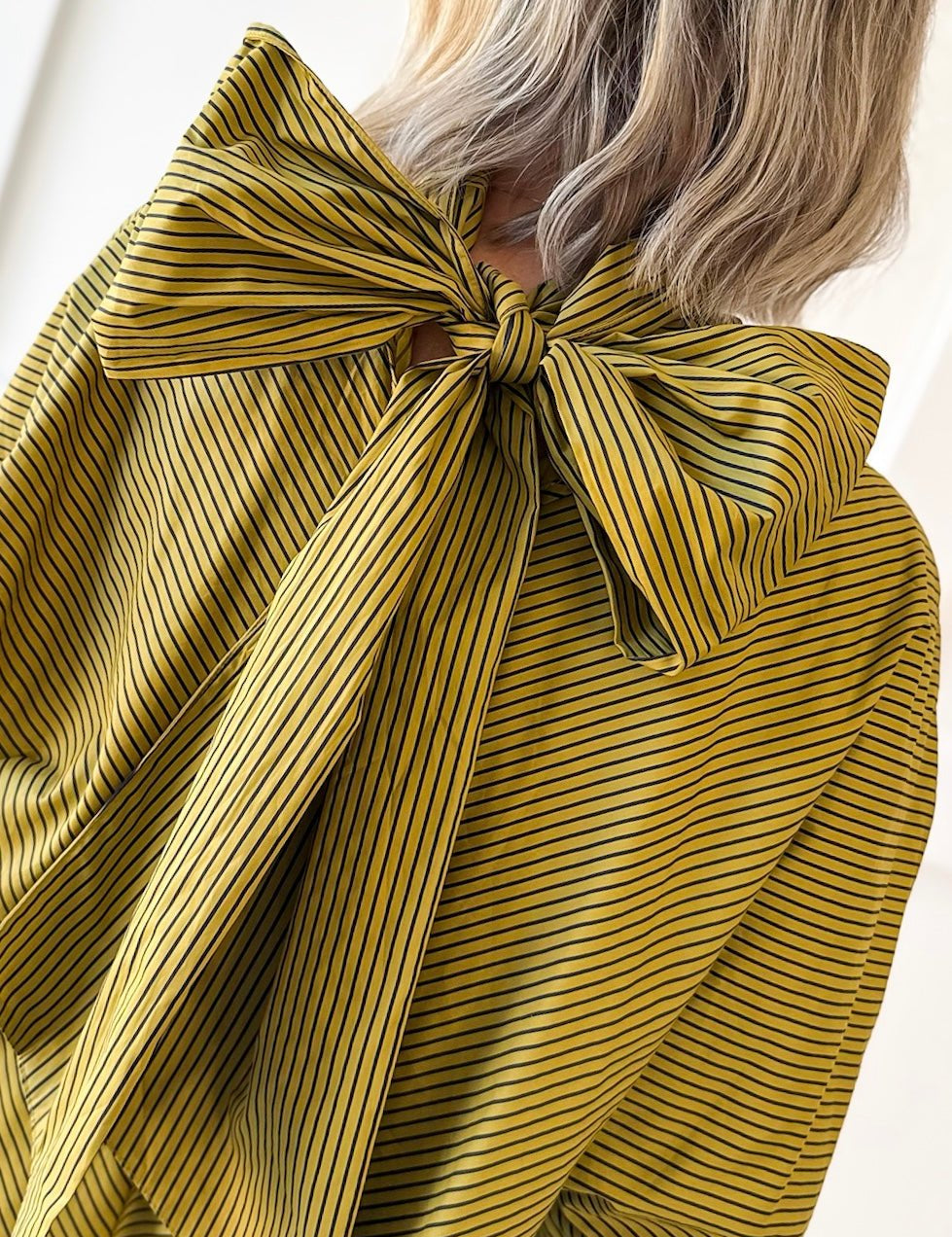 Tie High Neck Striped Satin Top- Olive/Navy