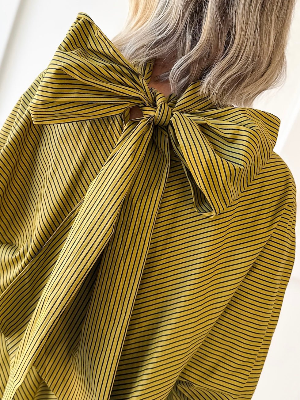 Tie High Neck Striped Satin Top- Olive/Navy
