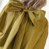 Tie High Neck Striped Satin Top- Olive/Navy