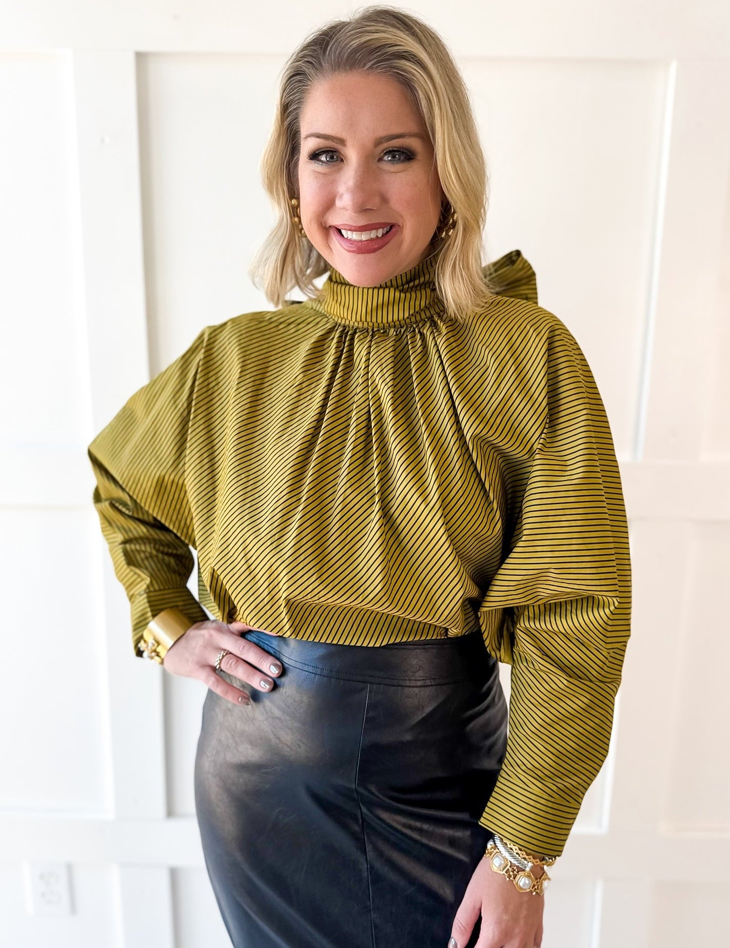 Tie High Neck Striped Satin Top- Olive/Navy