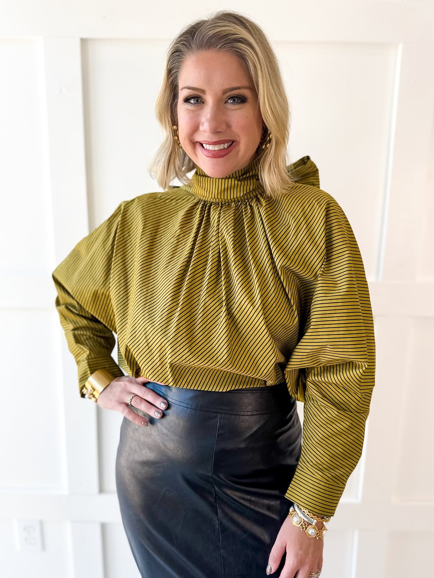 Tie High Neck Striped Satin Top- Olive/Navy