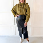 Tie High Neck Striped Satin Top- Olive/Navy
