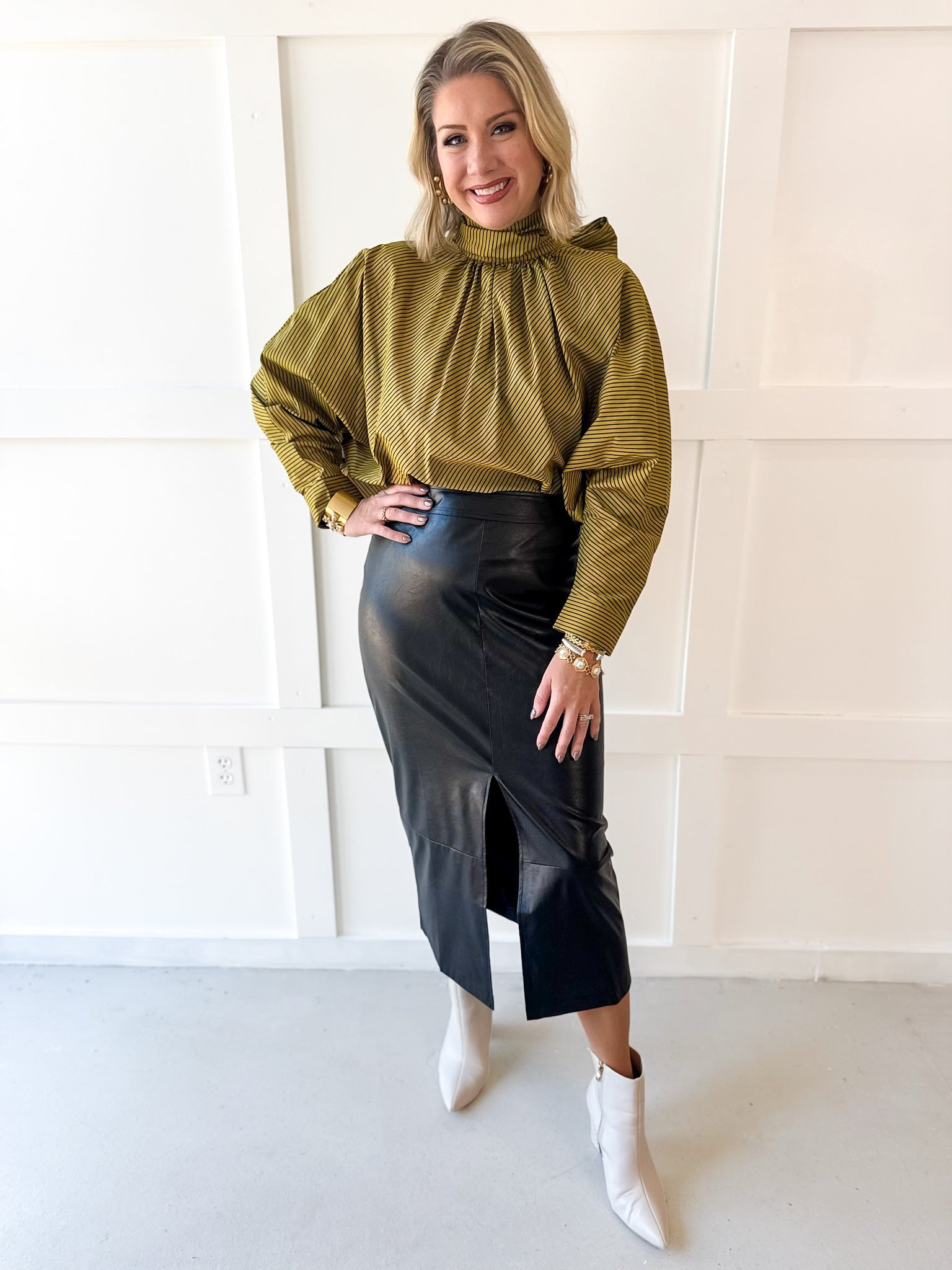 Tie High Neck Striped Satin Top- Olive/Navy