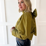 Tie High Neck Striped Satin Top- Olive/Navy