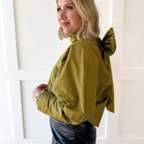 Tie High Neck Striped Satin Top- Olive/Navy