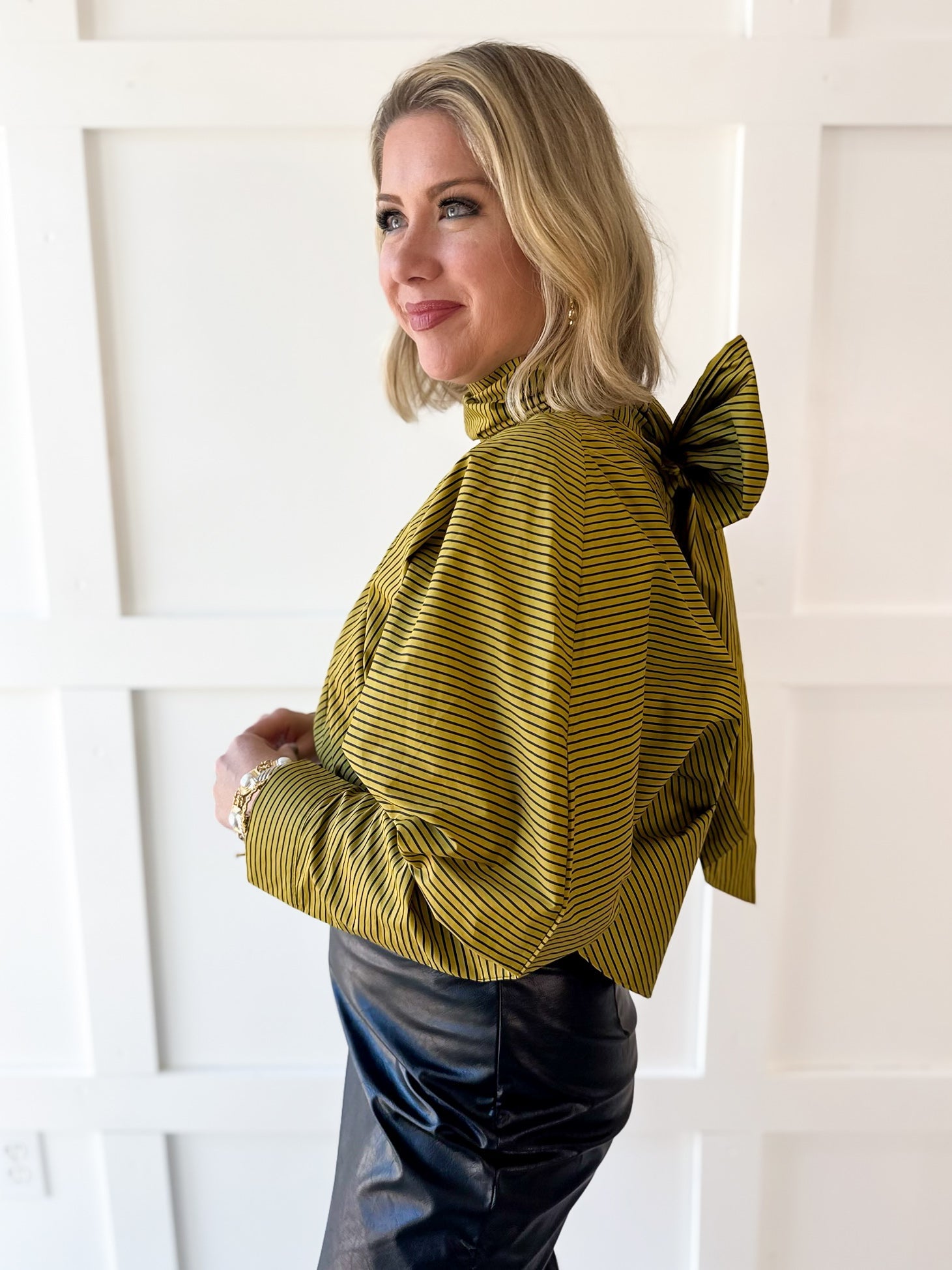 Tie High Neck Striped Satin Top- Olive/Navy