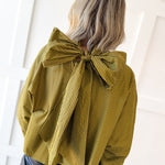 Tie High Neck Striped Satin Top- Olive/Navy