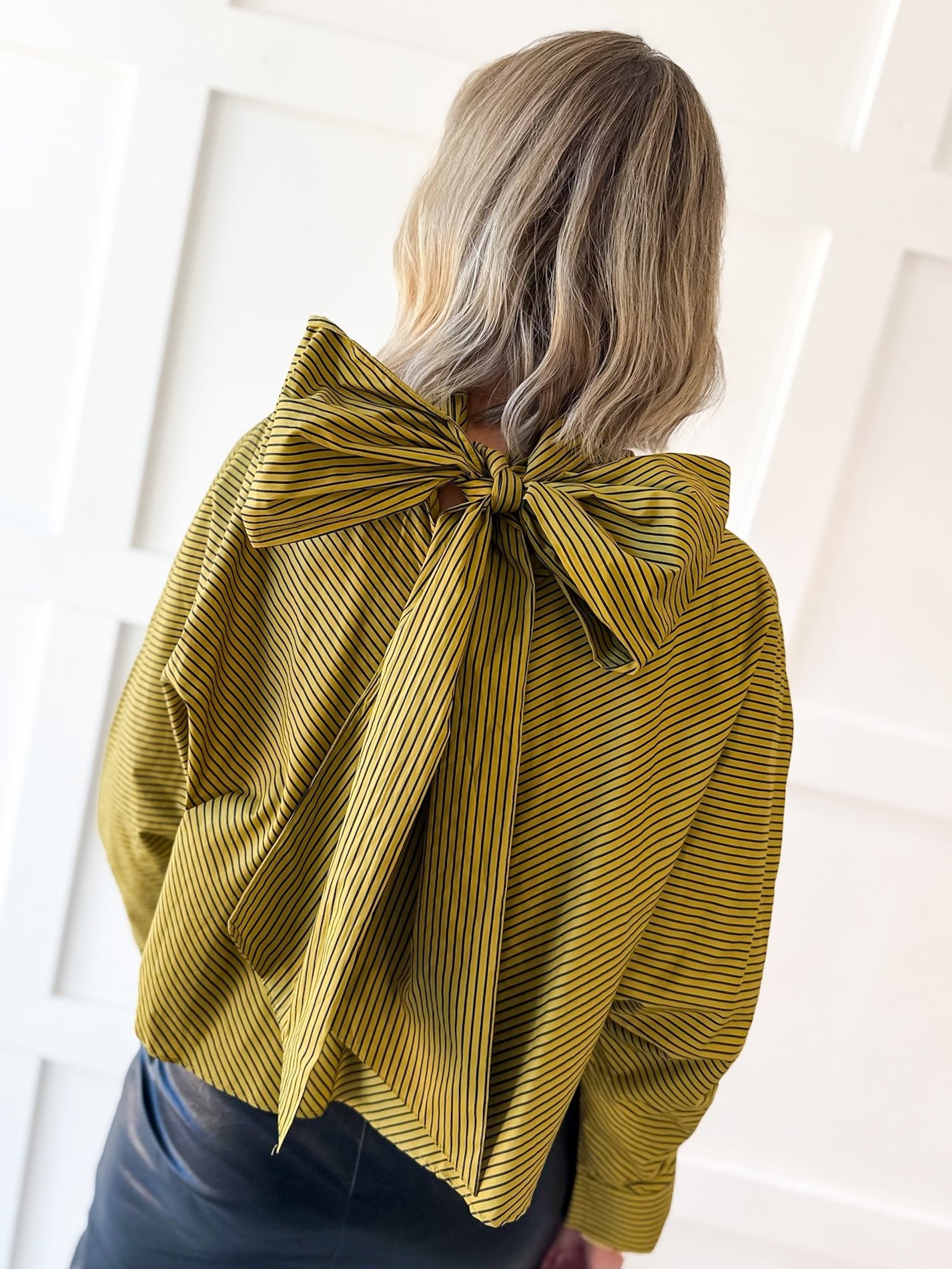 Tie High Neck Striped Satin Top- Olive/Navy