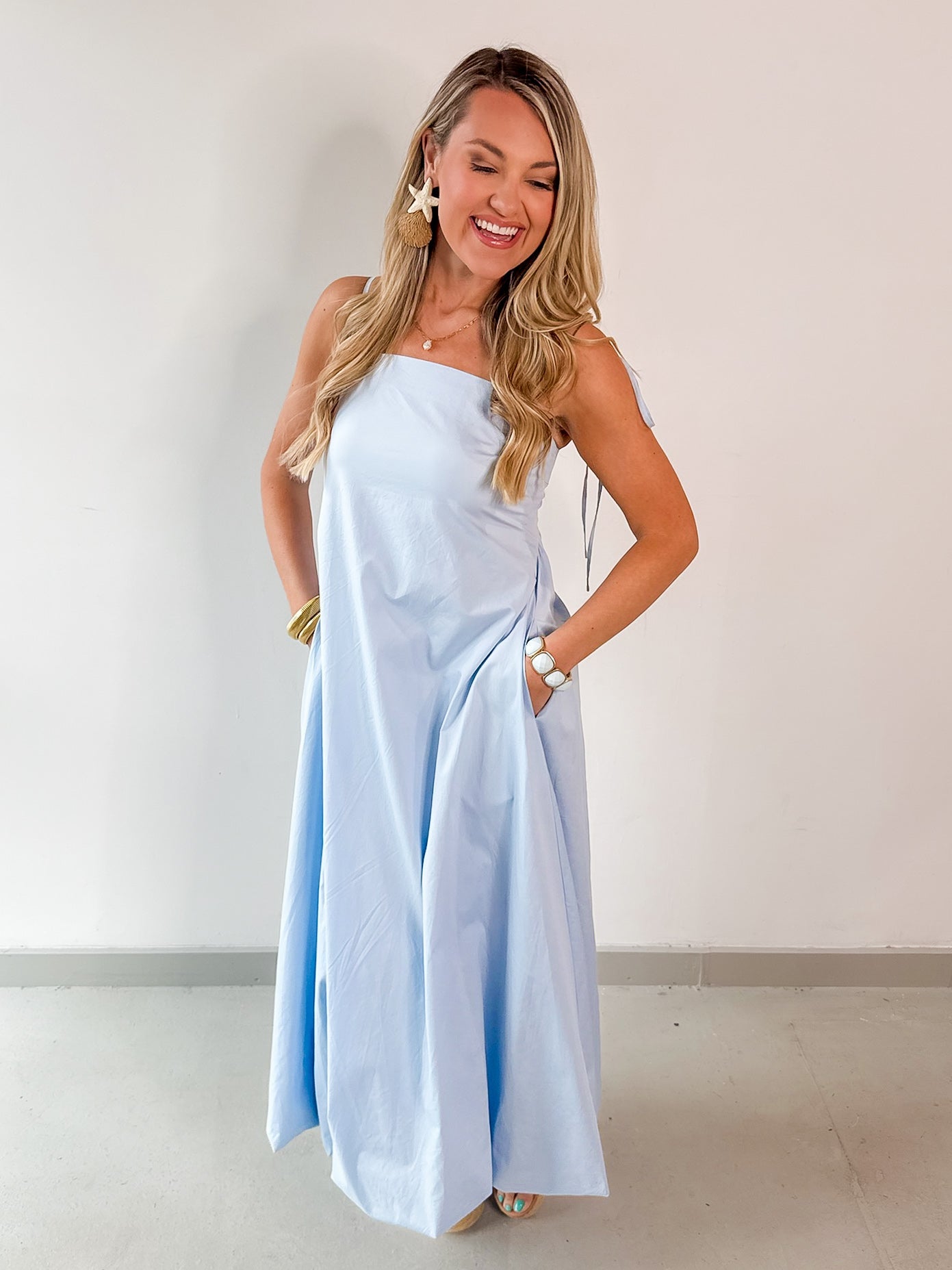 Tie Shoulder Bubble Hem Maxi Dress - Blue