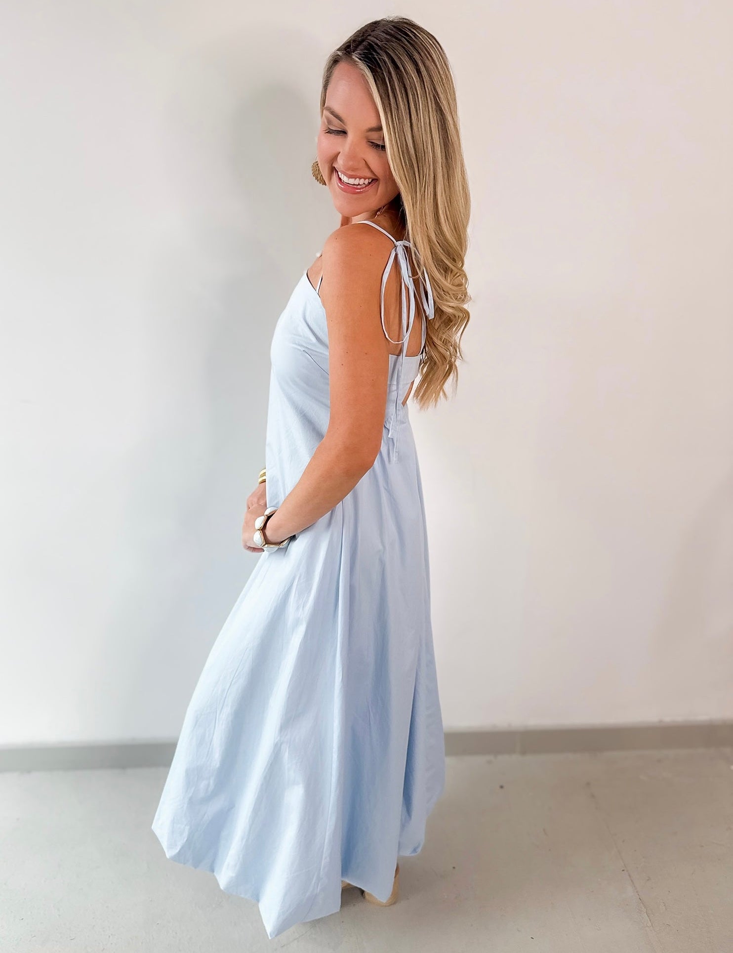 Tie Shoulder Bubble Hem Maxi Dress - Blue