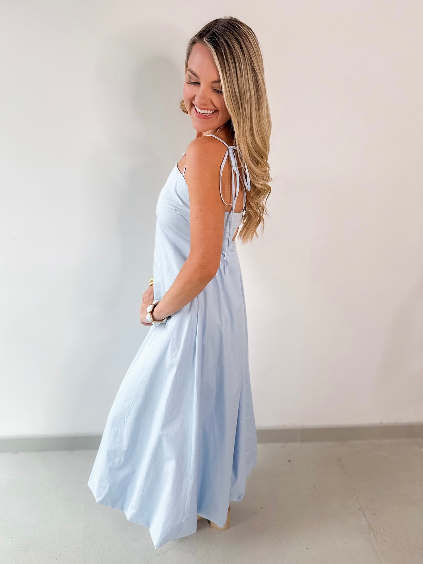 Tie Shoulder Bubble Hem Maxi Dress - Blue