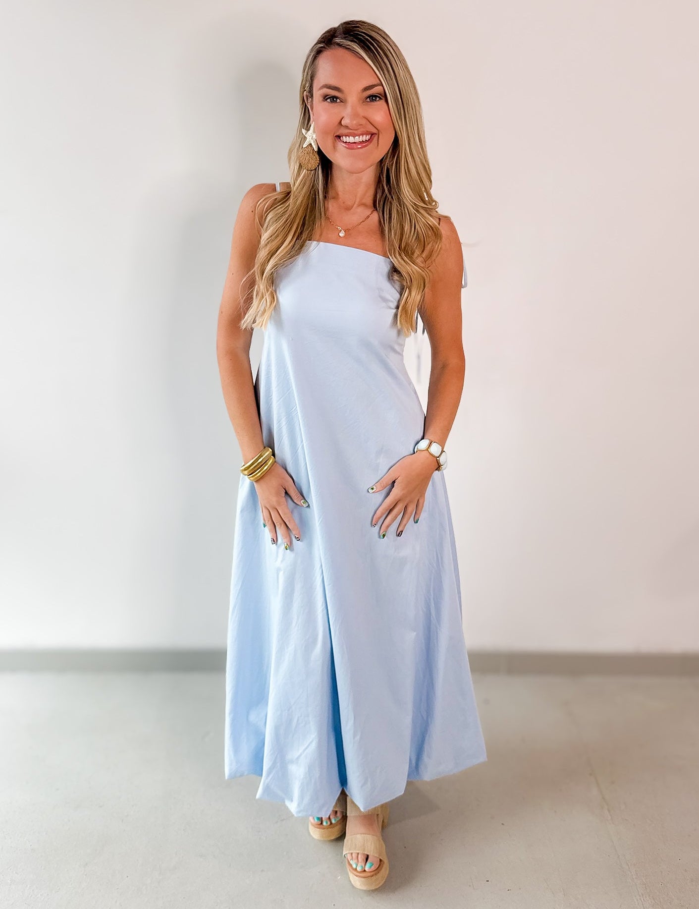 Tie Shoulder Bubble Hem Maxi Dress - Blue