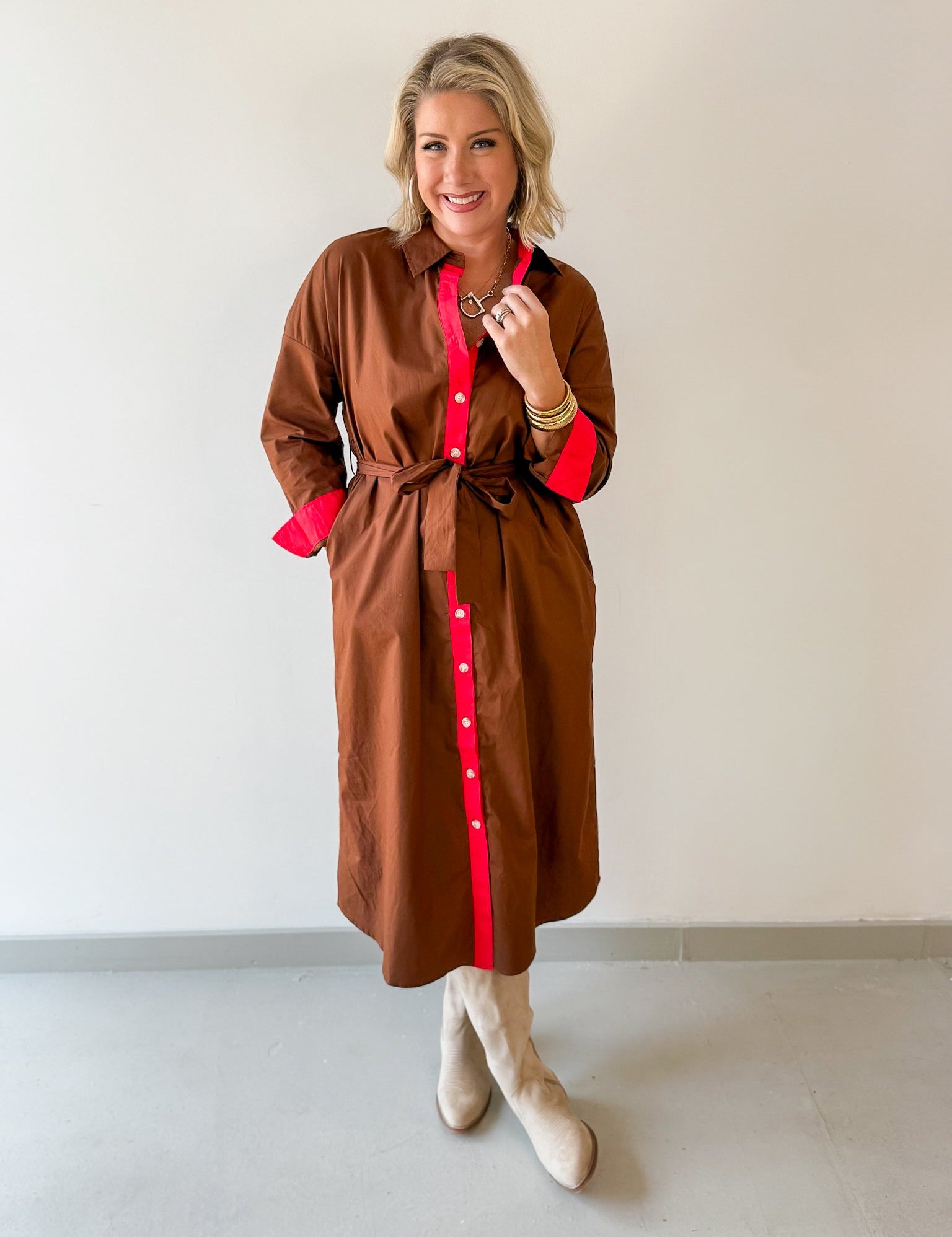 Tie Waist Accent Detail Dress - Brown