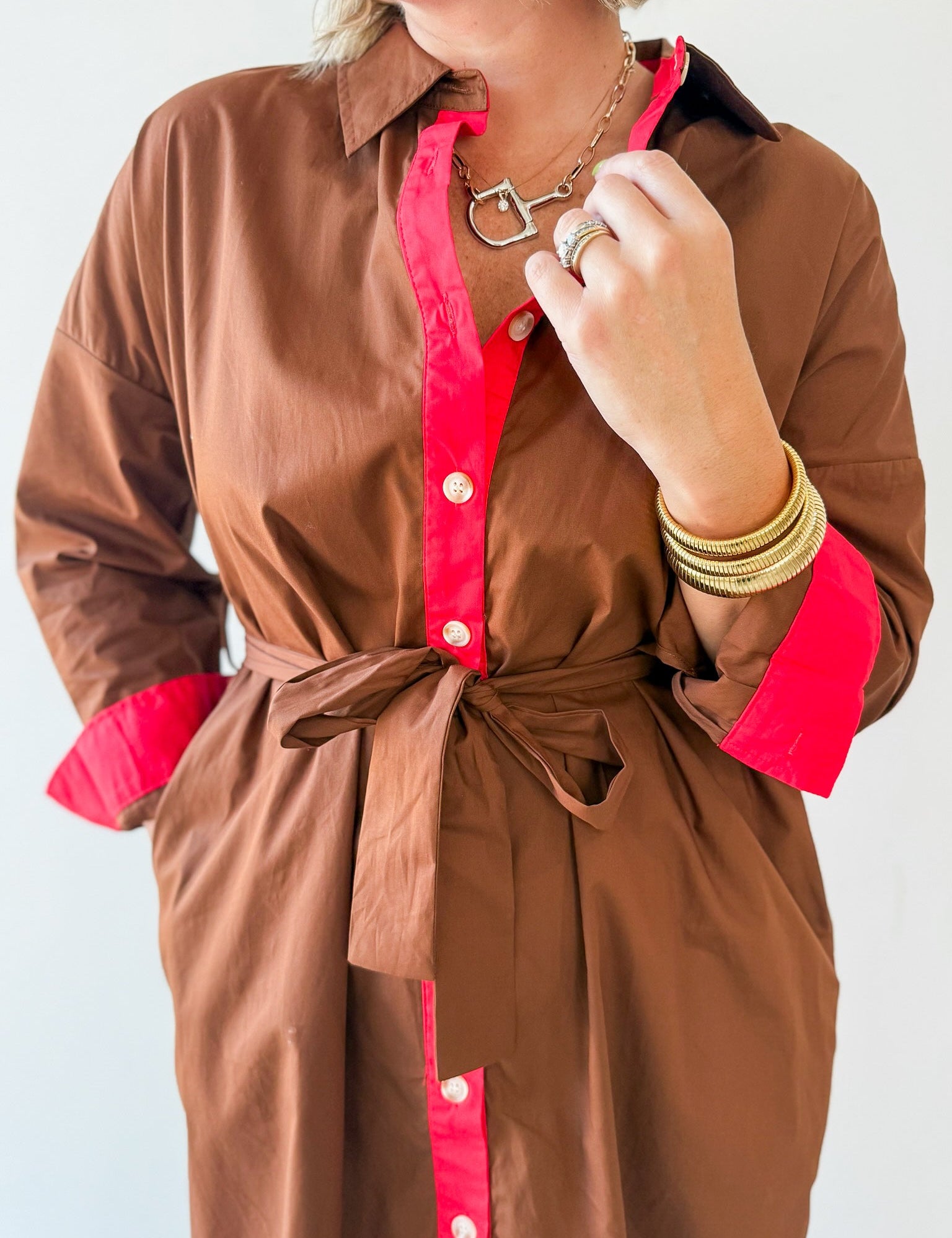 Tie Waist Accent Detail Dress - Brown