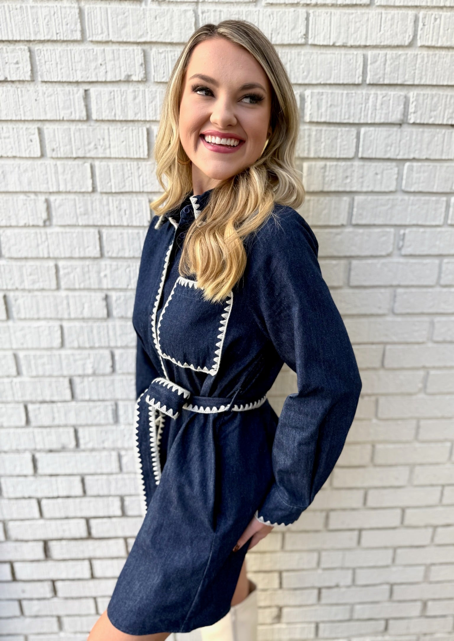 Tie Waist Collared Denim Dress