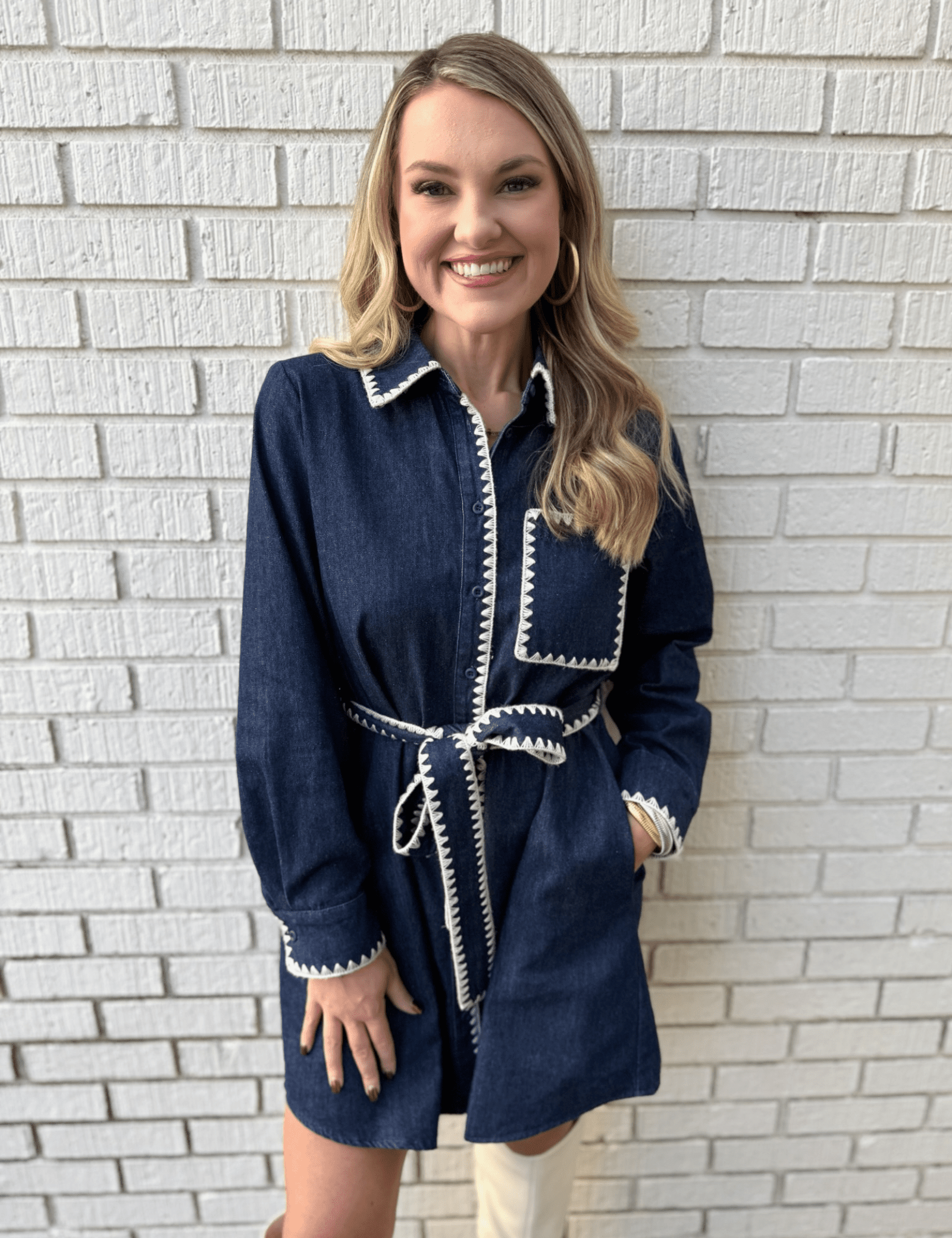 Tie Waist Collared Denim Dress
