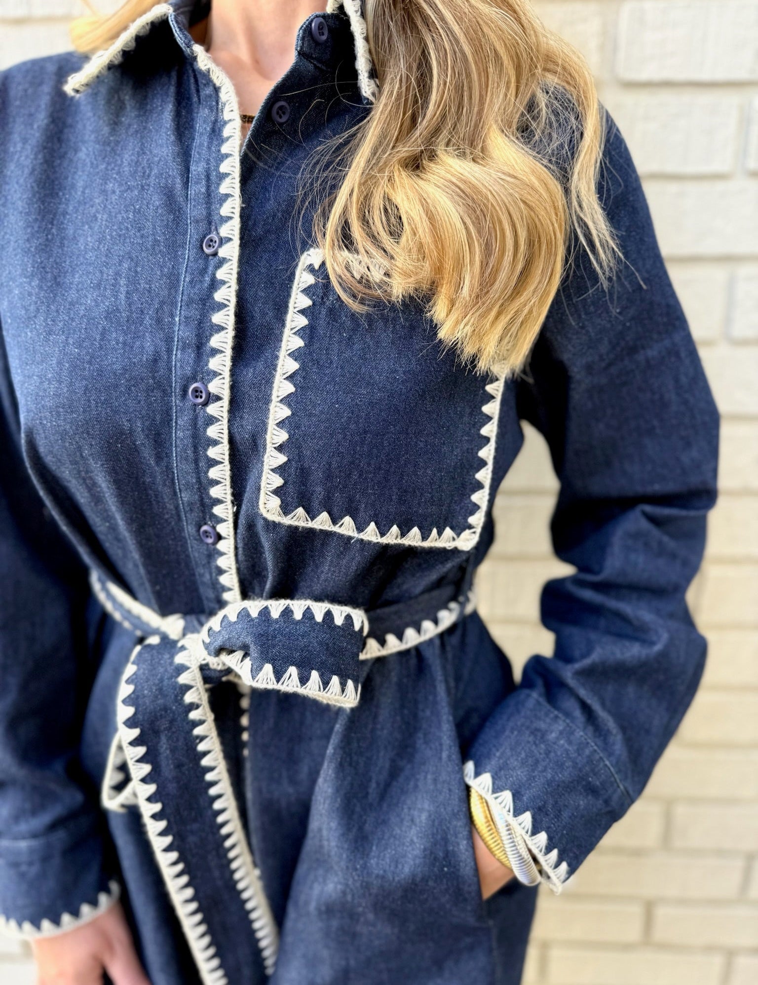 Tie Waist Collared Denim Dress