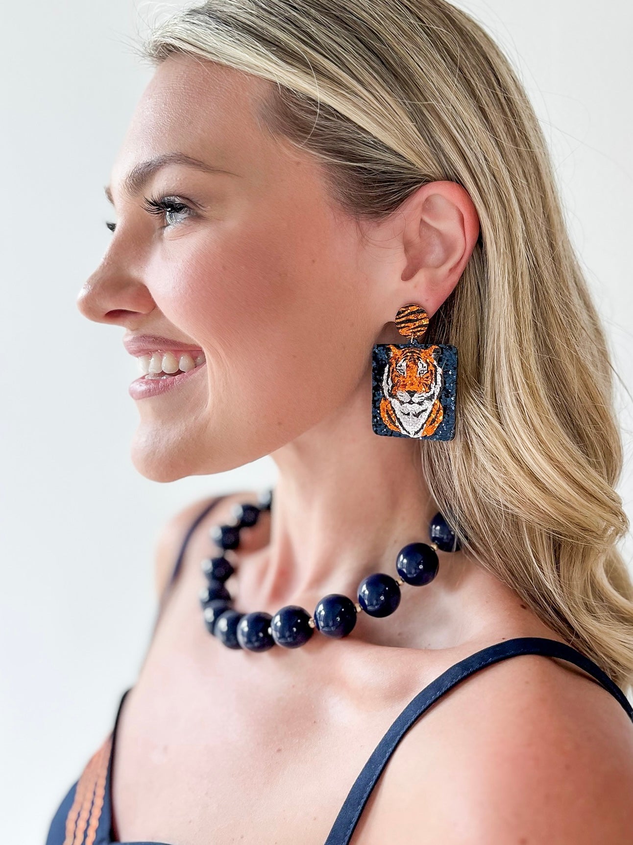 Tiger Glitter Square Earrings - Navy/Orange