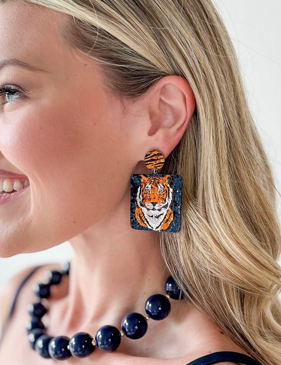 Tiger Glitter Square Earrings - Navy/Orange