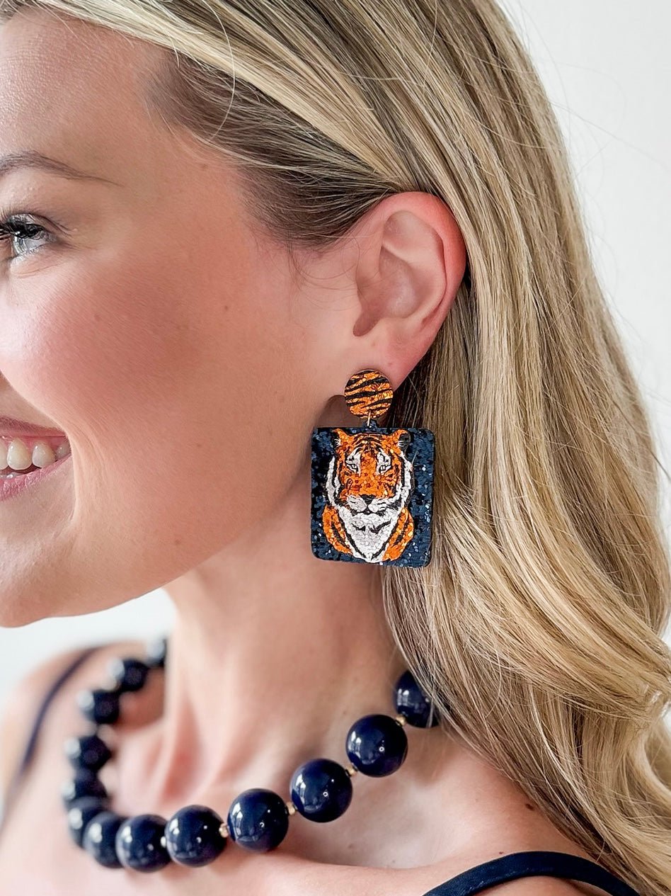 Tiger Glitter Square Earrings - Navy/Orange