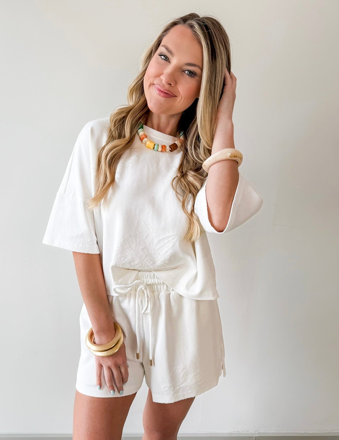 Tonal Embroiderd Tee & Short Set
