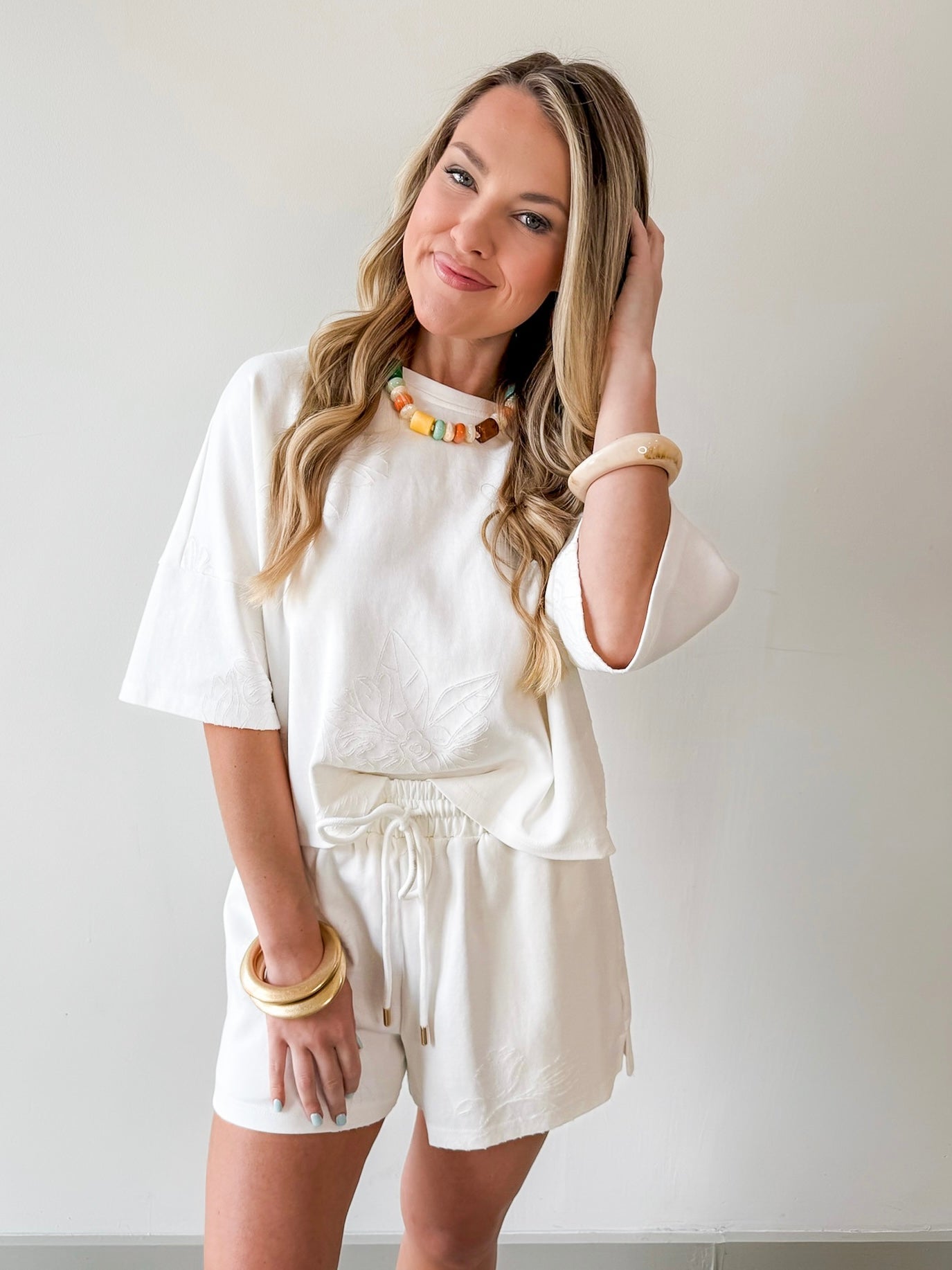 Tonal Embroiderd Tee & Short Set
