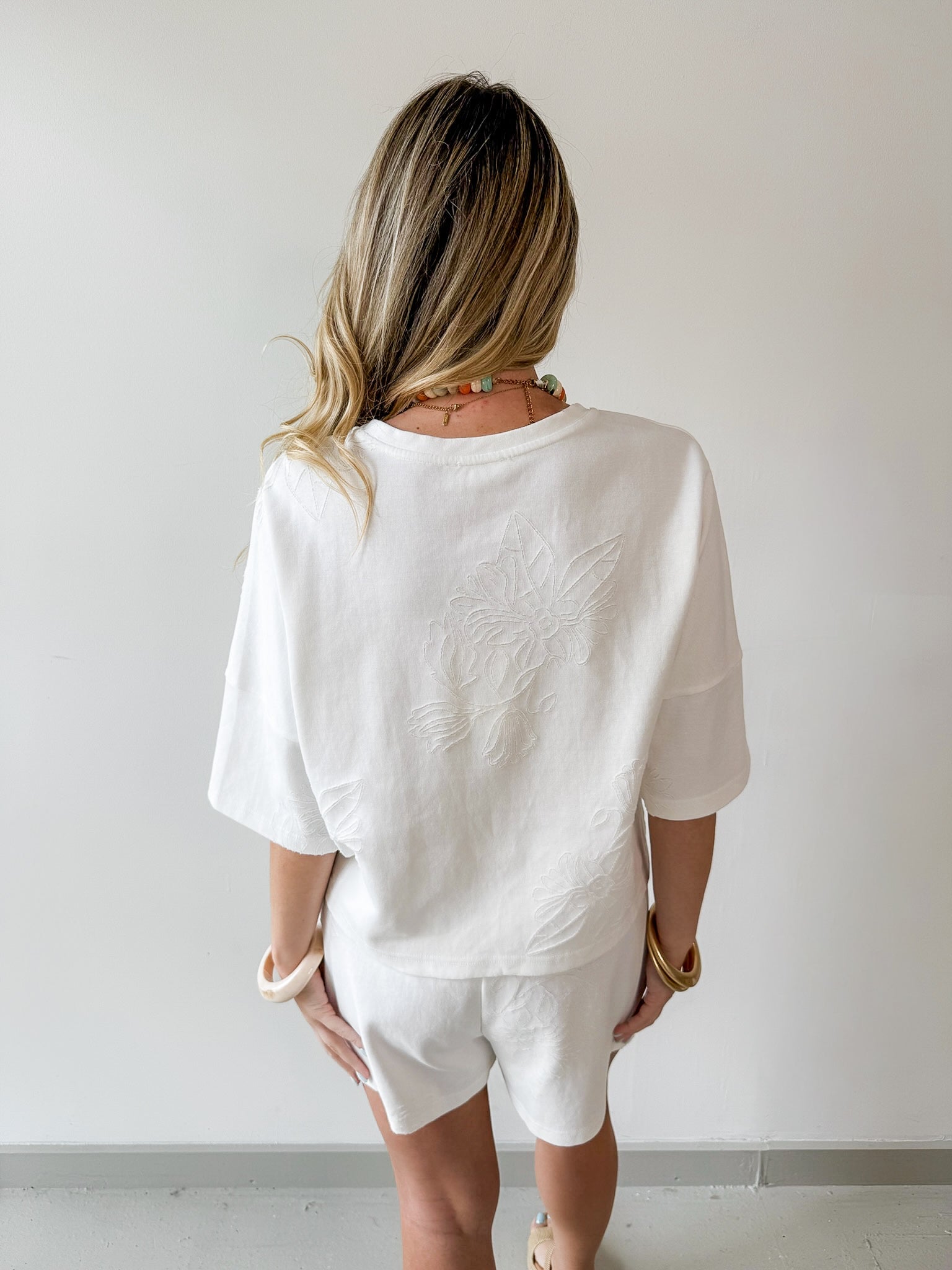Tonal Embroiderd Tee & Short Set