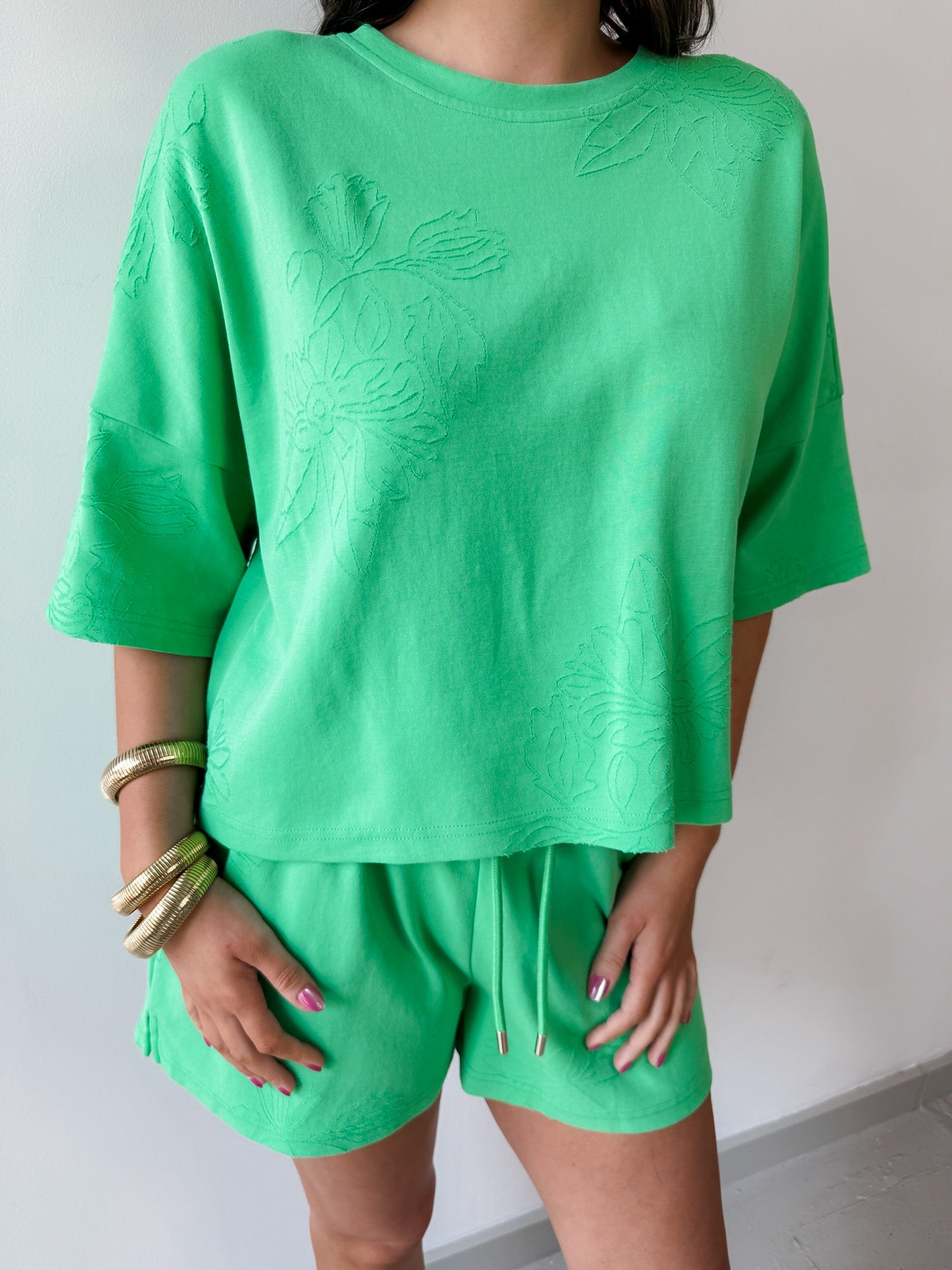 Tonal Embroiderd Tee & Short Set