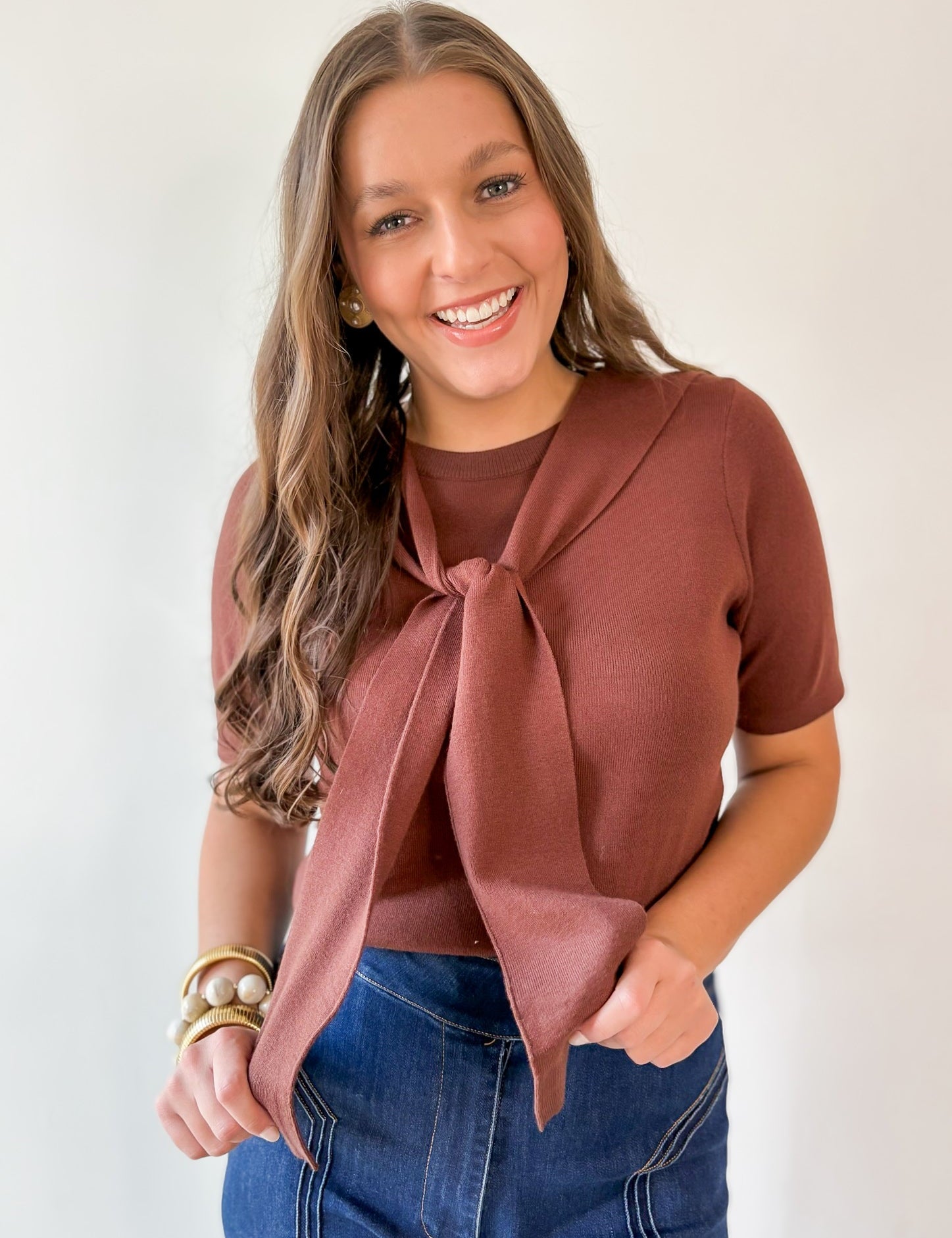 Top with Contrast Sweater- Brown