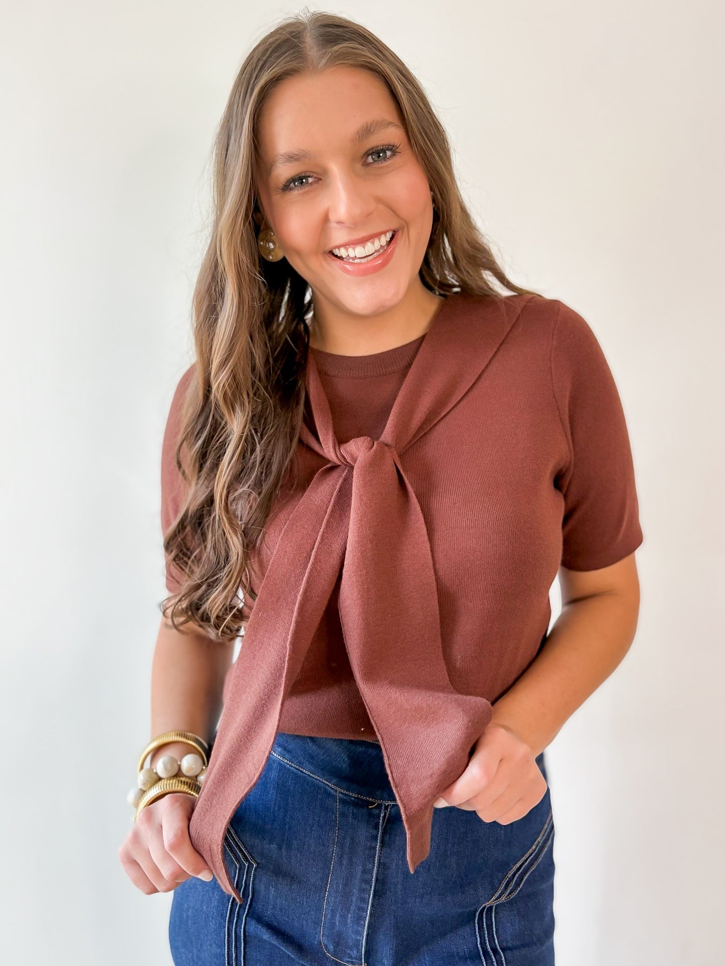 Top with Contrast Sweater- Brown