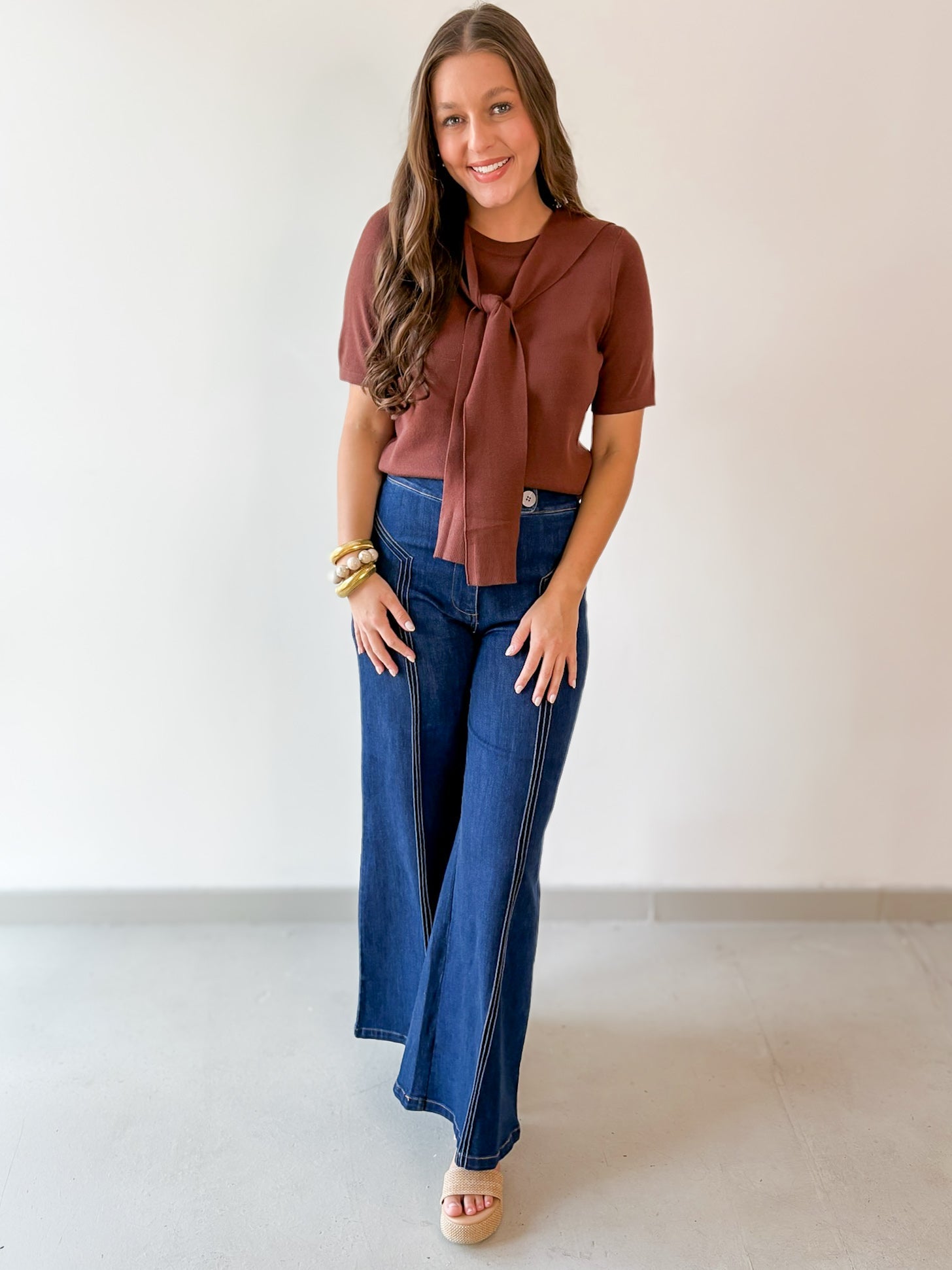 Top with Contrast Sweater- Brown
