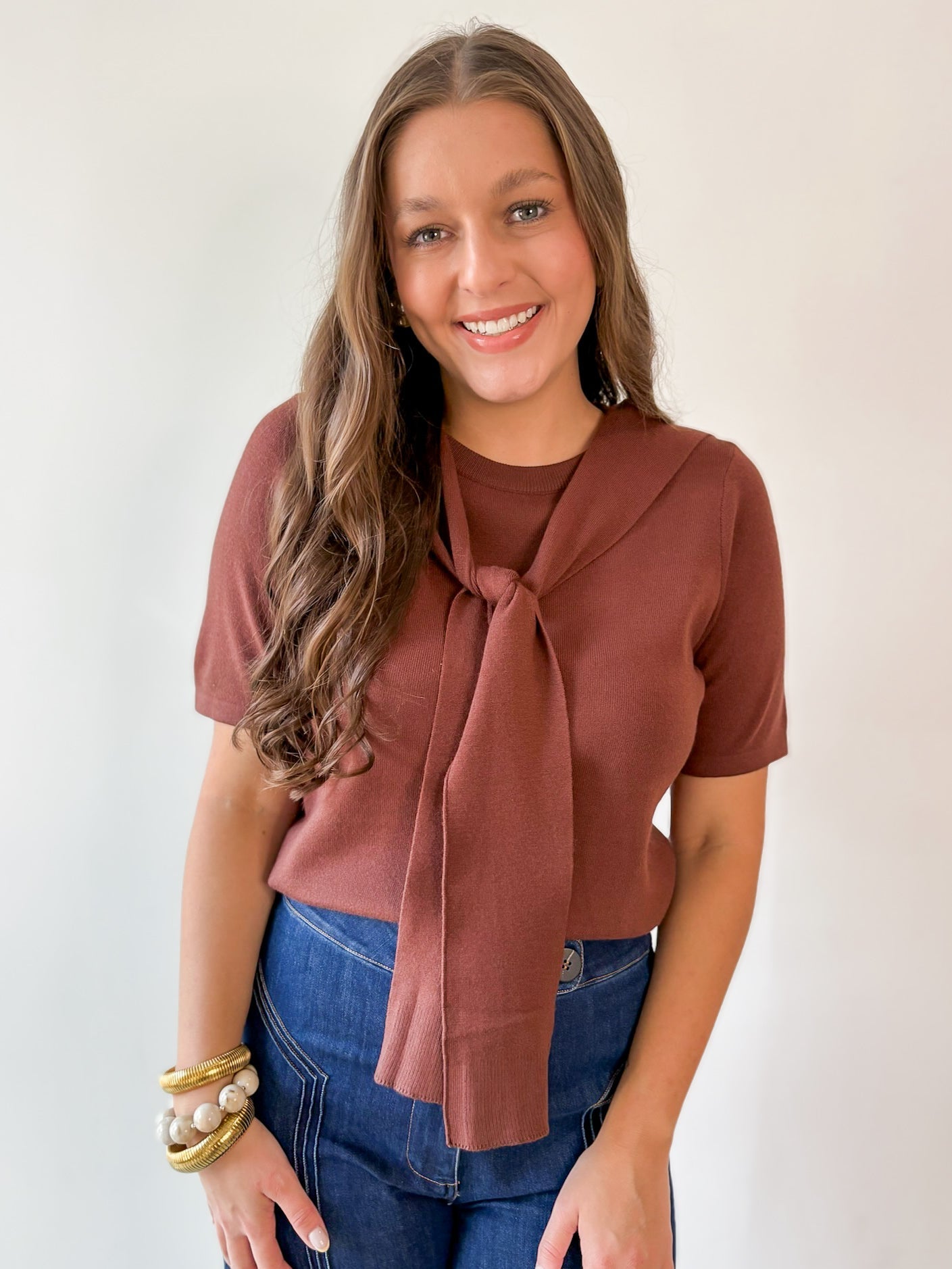 Top with Contrast Sweater- Brown