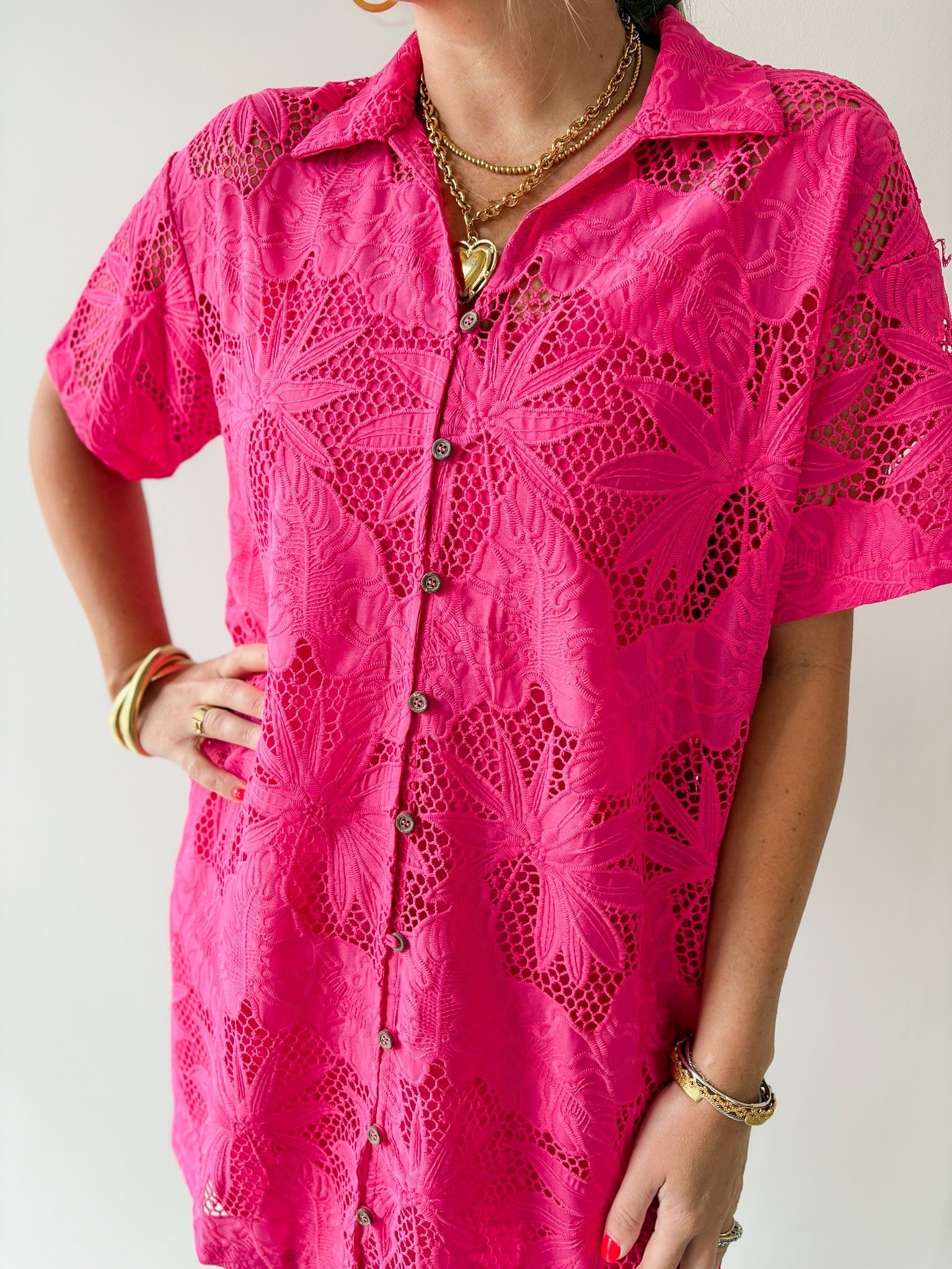 Tropical Eyelet Shirt Dress