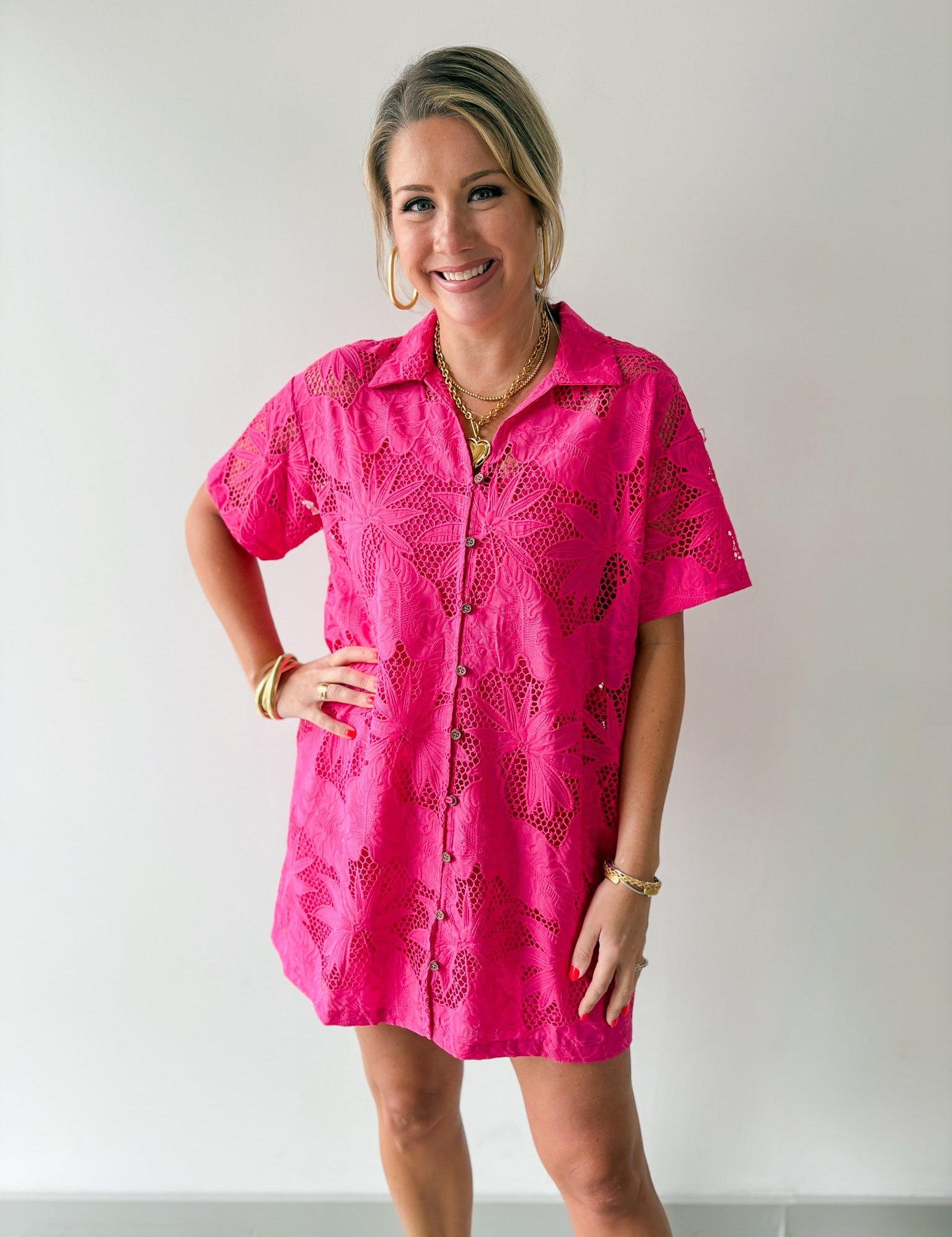Tropical Eyelet Shirt Dress
