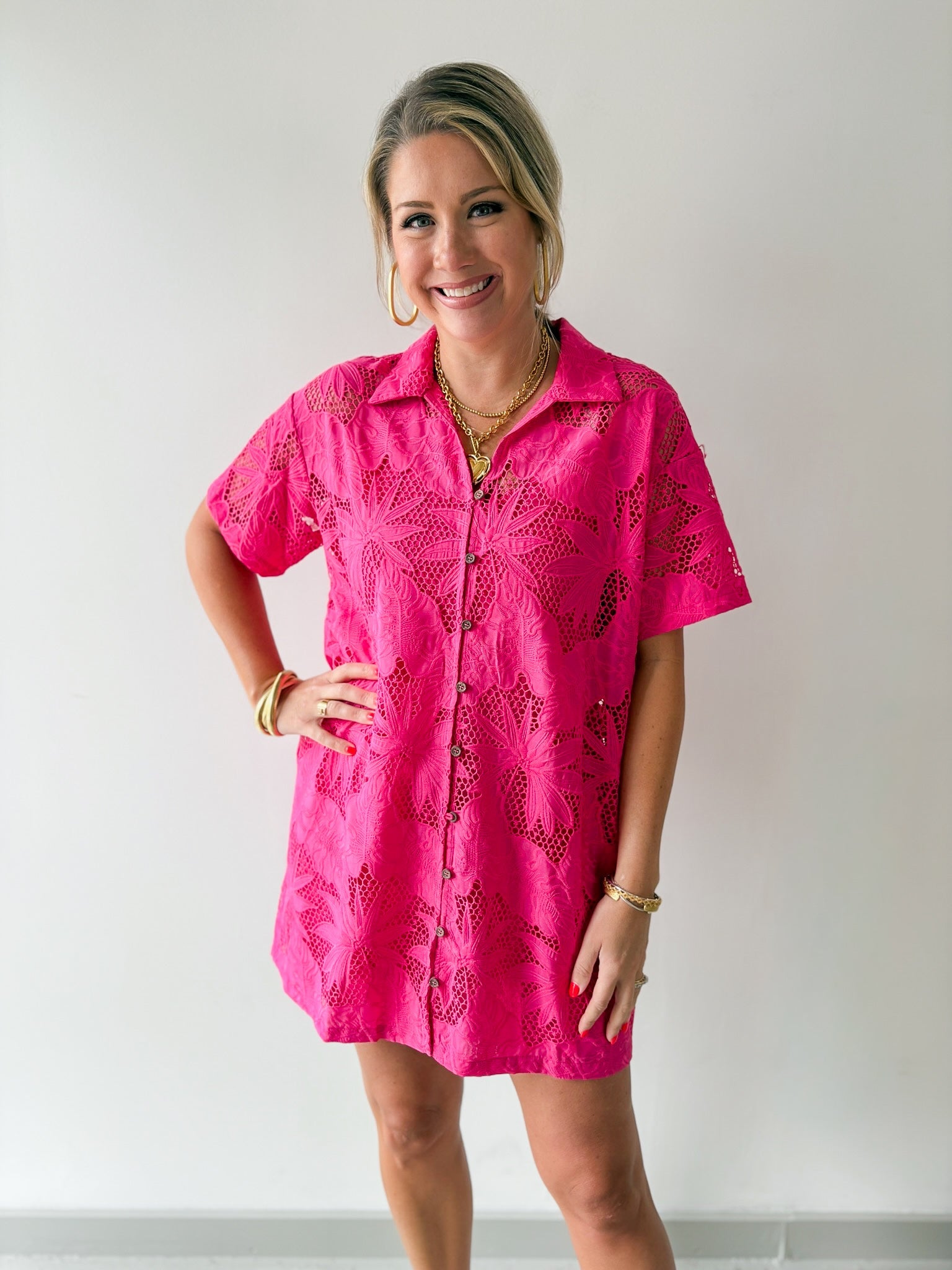 Tropical Eyelet Shirt Dress