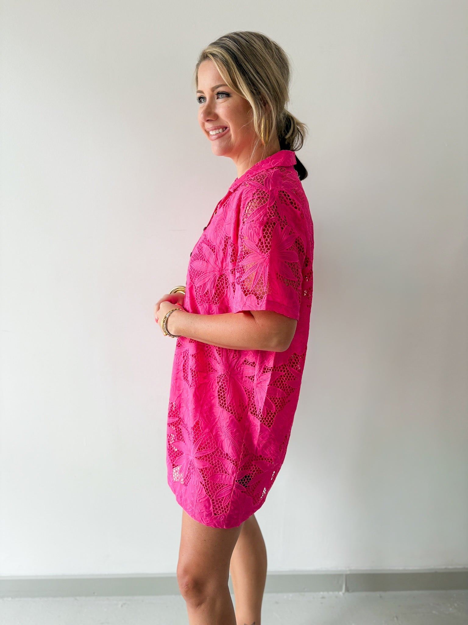 Tropical Eyelet Shirt Dress