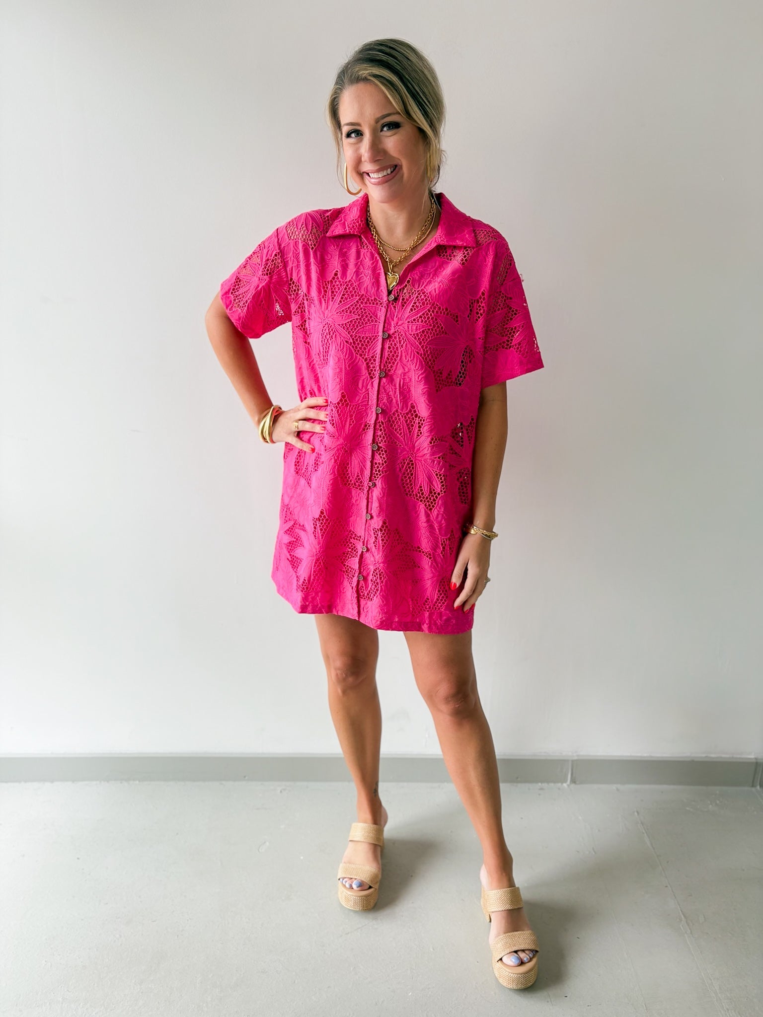 Tropical Eyelet Shirt Dress